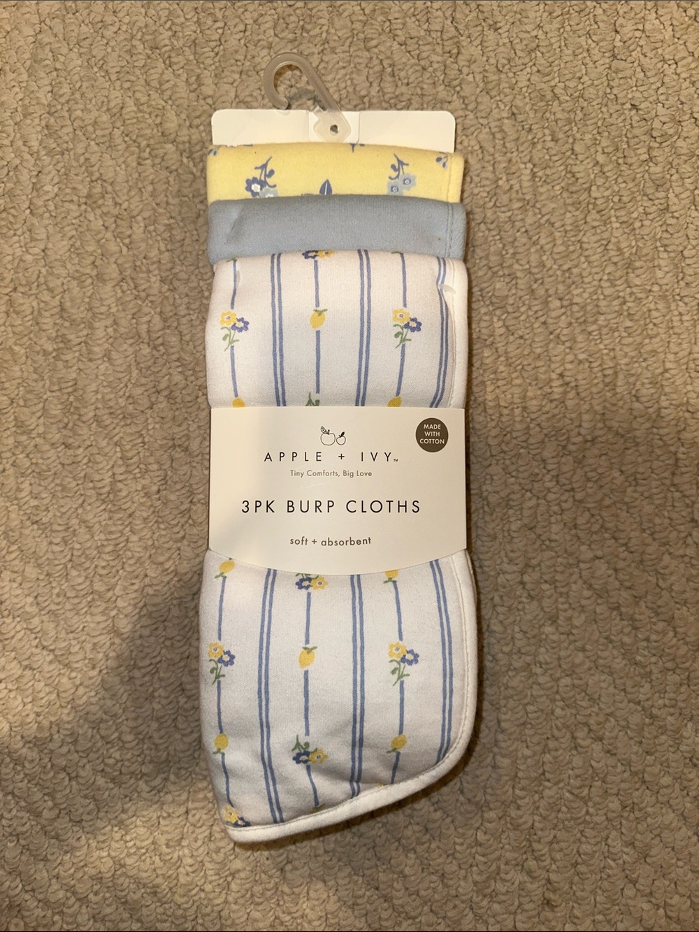 Apple + Ivy 3PK Burp Cloths, Yellow/Blue/White